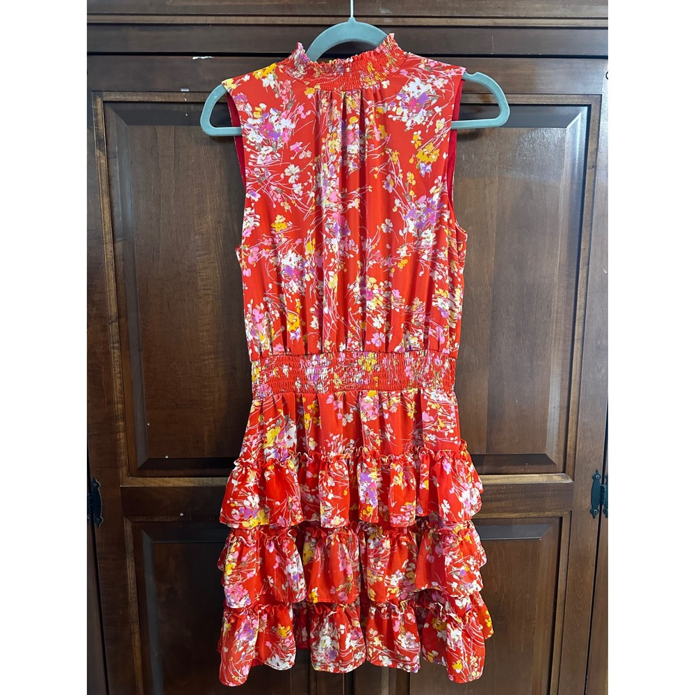 1.STATE Red Floral Smocked Neck Tiered Ruffle Mini Dress Medium